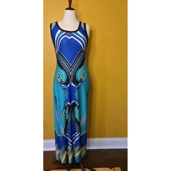 NY Collection Womans Stretchy Maxi Dress Size M Sleeveless Multicolor Pucci Blue - Picture 1 of 8